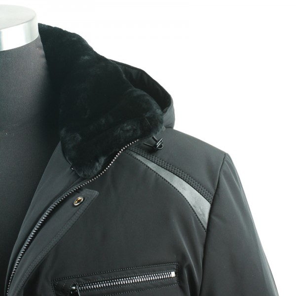 Men's parka coat with mink fur collar, hood, and zipper, suitable for winter.